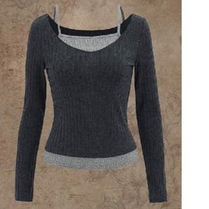 NWT Fairycore 2 In 1 Cold Shoulder Ribbed Dark GreyTee